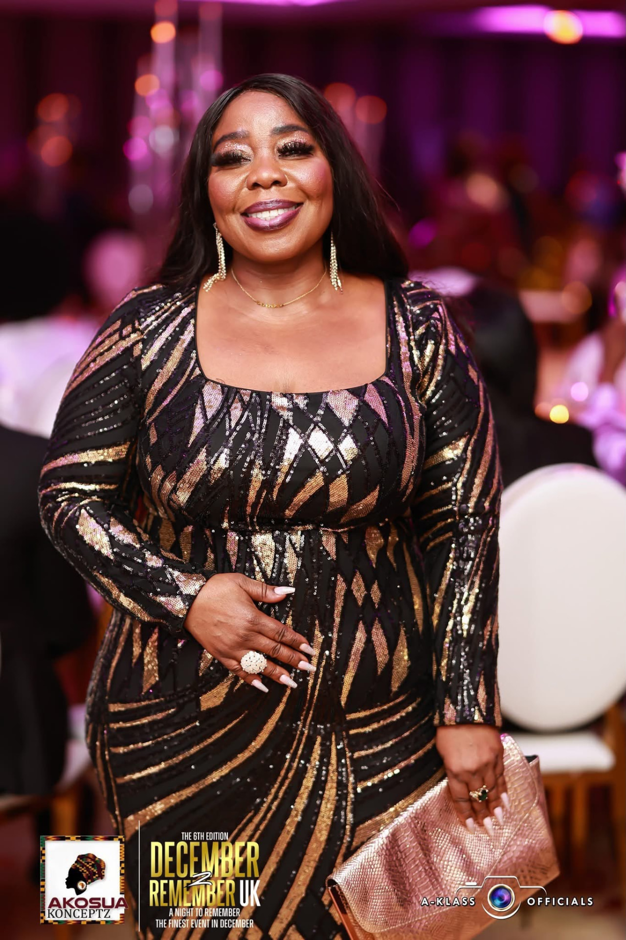 Guest in a black and gold sequinned gown at December To Remember UK
